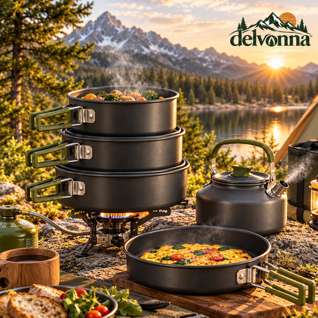 Delvonna Stainless Steel Camping Cookware Set with Kettle and Pan image 2